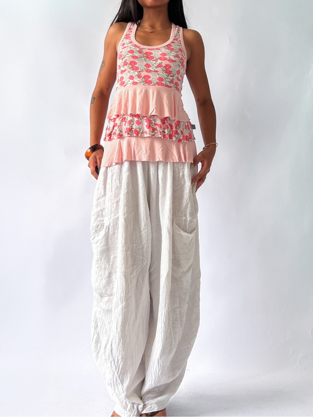 Sleeveless Pink Tiered Floral Scoop Neck Tank